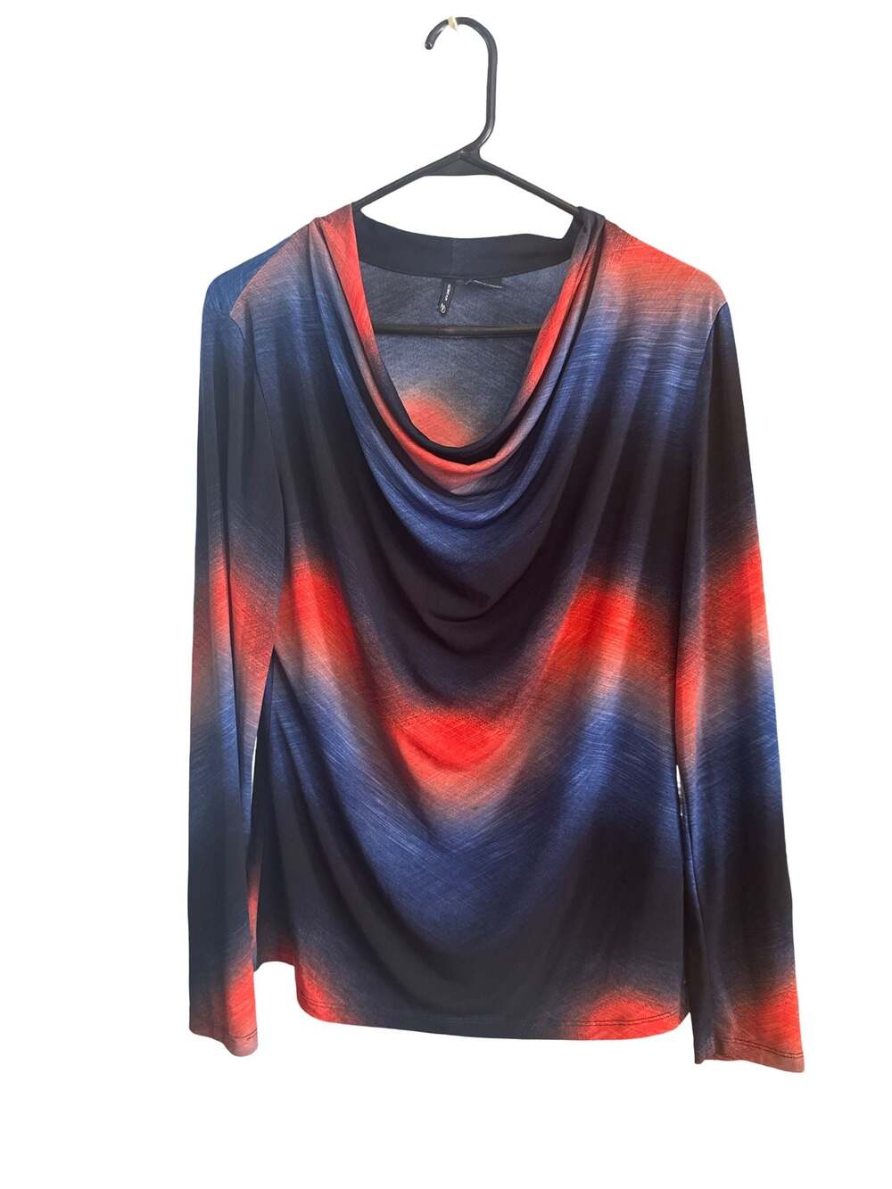 New Directions Women's Cowl Neck Long Sleeve Top Size L Blue Red Abstract